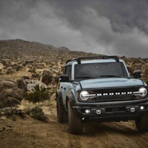 Pre-production 2021 Bronco four-door Badlands series with available Sasquatch™ off-road package in Cactus Gray in Johnson Valley, California.