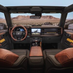 Prototype version, not representative of production model, of the all-new 2021 Bronco interior is highlighted by an available 12-inch SYNC® 4 system, optional leather trim seating, console-mounted transmission shifter/selector and G.O.A.T. Modes™ control knob. (Static display on private property with aftermarket accessories not available for sale.)