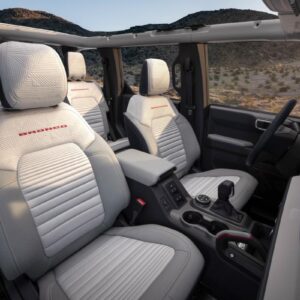 Interior seating details are shown on this prototype version, (not representative of production model) of a 2021 Bronco four-door model. (Static display on private property with aftermarket accessories not available for sale.)