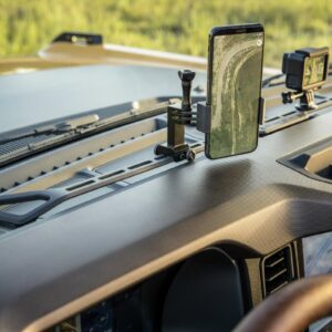 The instrument panel in the 2021 Ford Bronco two- and four-door models will be ready to install accessories like this prototype bring-your-own-device rack shown. (Prototype interior shown is not representative of production vehicle.