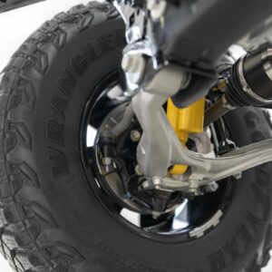 Closeup of the 2021 Bronco independent front suspension featuring forged aluminum alloy lower A-arm.